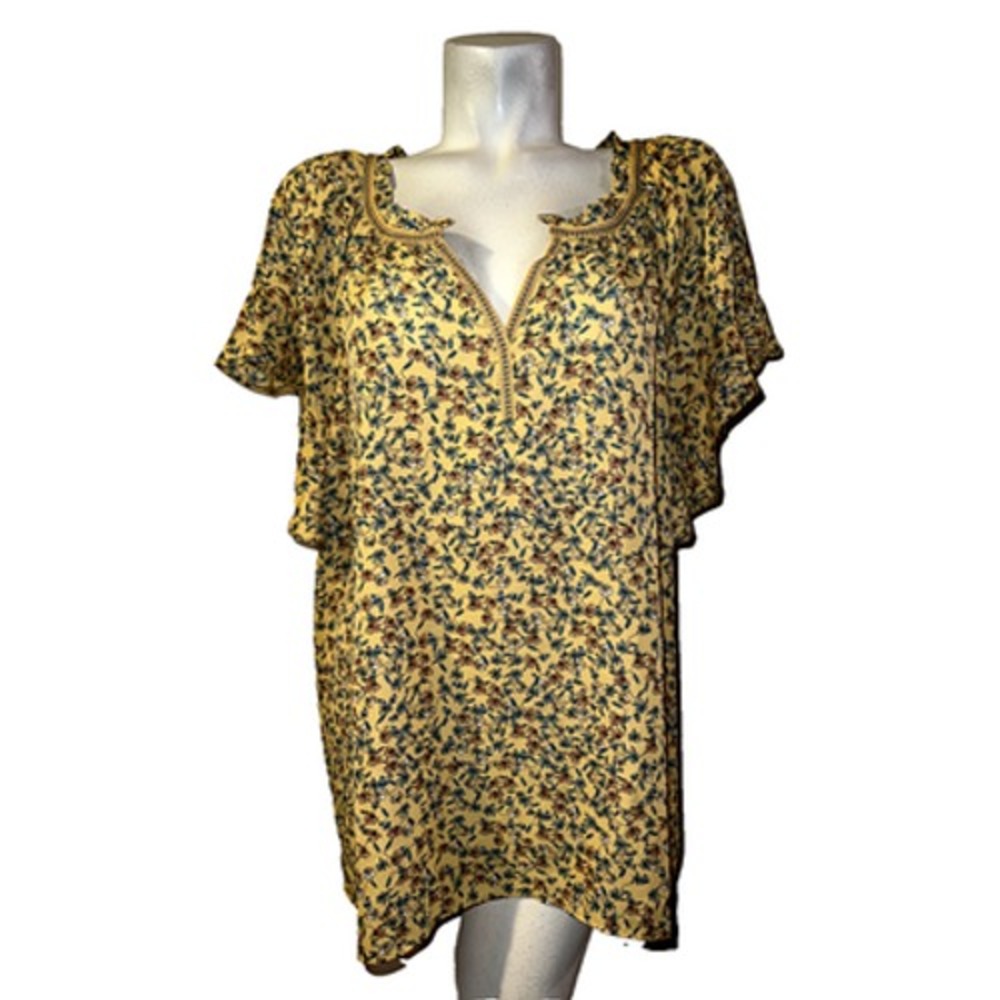 New Max Studio Womens 3X Yellow Floral Flutter Sleeve‎ Split Neck Blouse 1W04D36